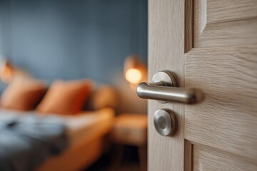 A soft focus view through a light beige door to an interior bedroom