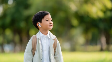 Asian kid wearing a modern hearing aid. Deafness and hearing impairment concept, advanced technology.