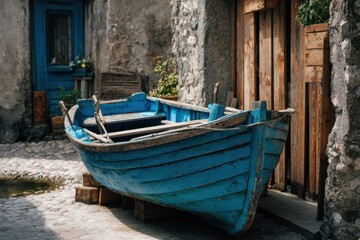 Aged blue boat in a weathered alleyway
