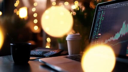Laptop displaying financial data and upward trending graph, illuminated by warm bokeh lights, coffee cups nearby. - Powered by Adobe