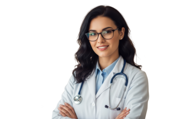 Smiling female doctor wearing glasses and stethoscope isolated on transparent background