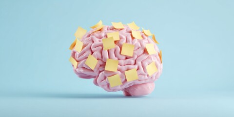Pink brain model covered in yellow sticky notes against a light blue background