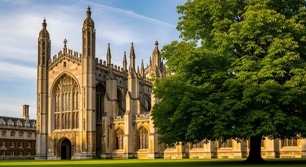 An exterior view of King's College Chapel, Cambridge, a stunning example of Perpendicular Gothic architecture, framed by a vibrant green lawn and a large, verdant tree. The sunlight highlights the cha