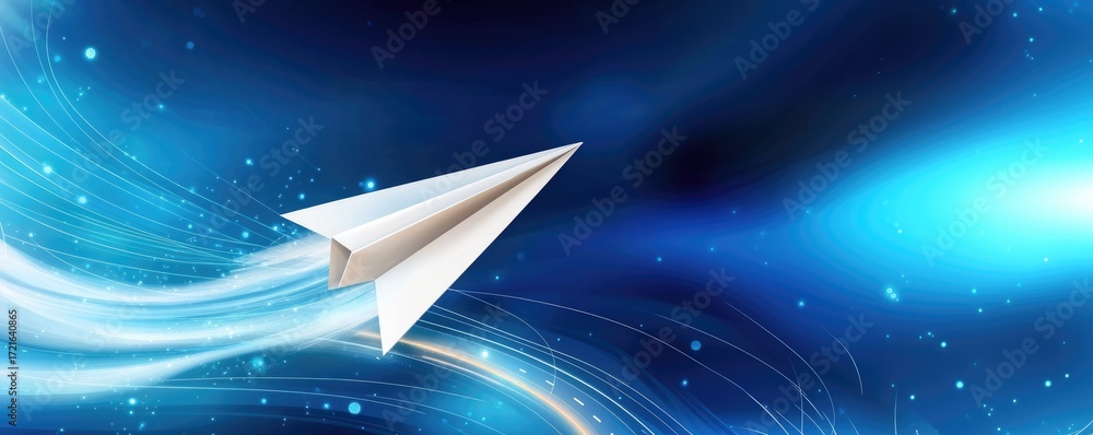 Poster paper airplane soaring through a futuristic digital vortex with dynamic light trails