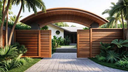 architectural rendering showcasing a modern tropical garden entrance. The layout features a wooden gate with a curved top, constructed from horizontal wooden slats in a natural brown tone
