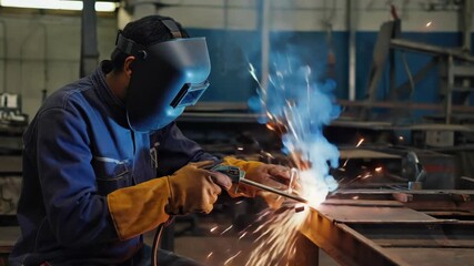 Worker wearing a safety helmet and gloves, using a welder to connect two metal pieces in an industrial setting.
