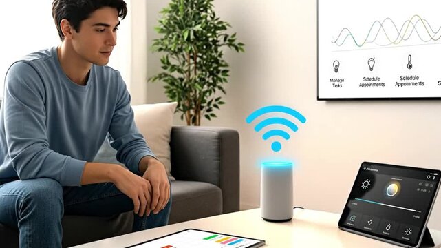 Modern man interacts with his smart home setup using tablet, speaker, and digital display