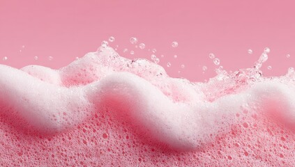 Fototapeta premium Pink foam texture with bubbles and a wavy surface against a pink background