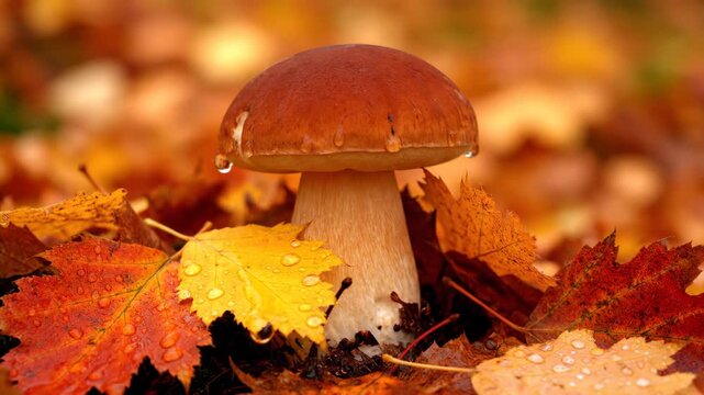 Autumn Boletus Mushroom - A single boletus mushroom sits amongst vibrant autumn leaves, glistening with raindrops.
