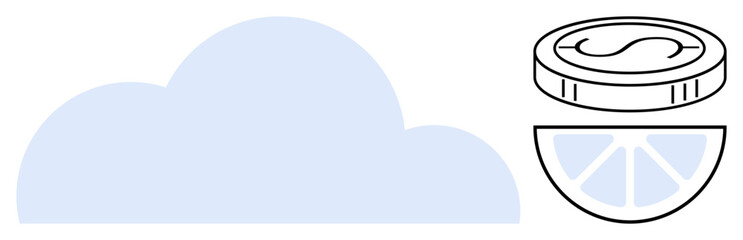 Simplistic cloud with a coin and segmented fruit shape suggesting storage, monetary savings, and division. Ideal for finance, technology, investment, minimalism, economics, analysis modern design