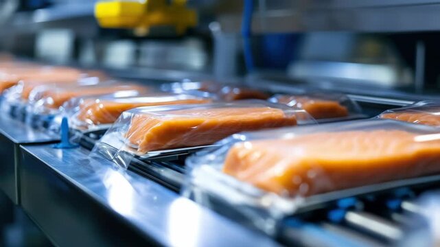 A view of fish on a production line with packaging machines. This shows the modern manufacturing process for frozen seafood products.