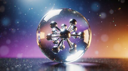Futuristic visualization of a molecular structure inside a transparent glass-like bubble, molecule is composed of metallic spheres connected by shiny rods, resembling a benzene ring, organic compound.