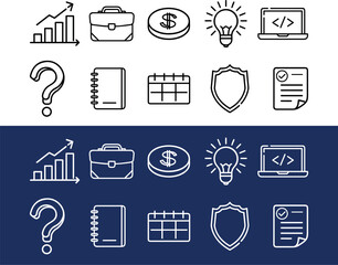 Office and Work Essentials Outline Icon Pack &ndash; Laptop with Coding Screen, Document with Checkmark, Calendar, Bar Chart Growth, Briefcase, Light Bulb Idea, Dollar Coin, Shield Security, Question Mark, 