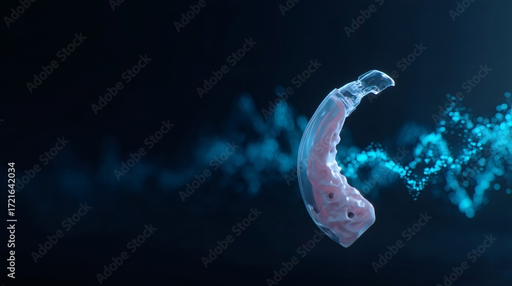 Poster abstract representation of a hearing aid with sound wave particles. modern deaf technology and audit