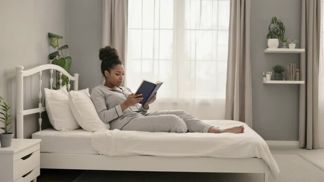 Frau liest entspannt ein Buch im Bett &ndash; Auszeit und Ruhe zu Hause