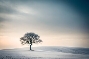 Solitary Tree on Snowy Hill Under a Cloudy Winter Sky at Sunset