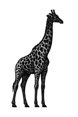 Naklejka premium Detailed black and white illustration of a standing giraffe with intricate patterned fur against a white background