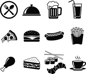 Food and Drink Icon Set with Pizza, Burger, Fries, Beer, Sushi, Coffee, and Sandwich in Black Silhouette