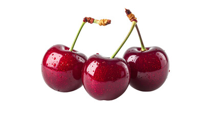 Three plump, glossy cherries