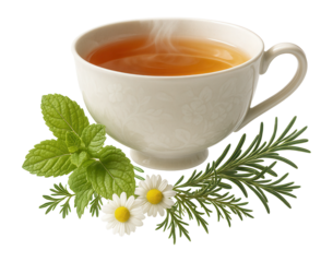 Cup of herbal tea surrounded by assorted herbs.