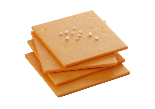Vibrant orange, square processed cheese slices in fanned stack with sea salt flakes, isolated on transparent background, high-angle studio shot, appetizing textures. Concept for dairy product