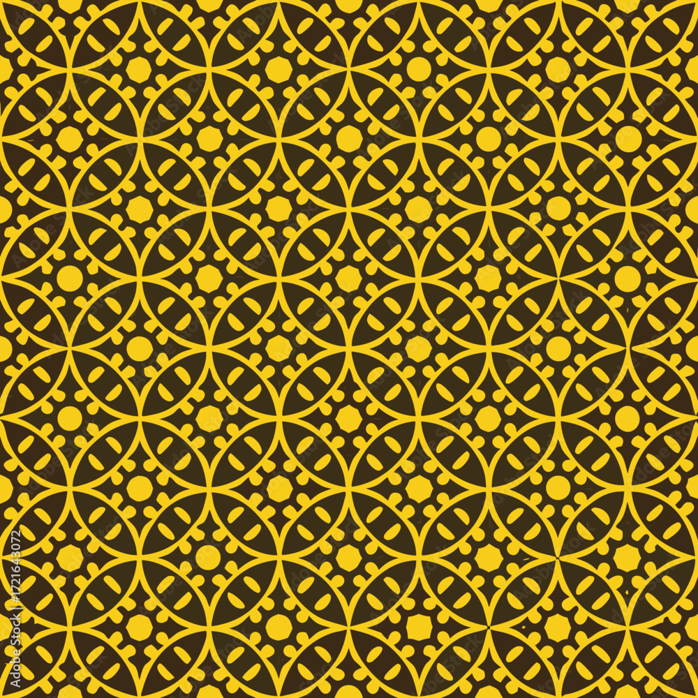 Poster yellow geometric pattern with interlocking circles and dots on dark brown background seamless gold