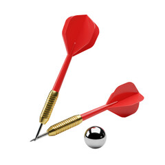 A professional dart with red flights, golden barrel, sharp point, beside reflective chrome sphere, on seamless transparent background, high-key studio light, macro details, concept of precision and