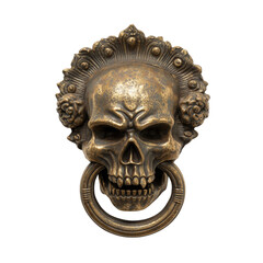 An antique skull door knocker of imposing aesthetic, the image embodies intricate detail with the artistic craft of times past