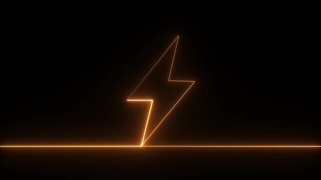 Neon glowing thunder bolt icon animation on black background. Battery charging icon