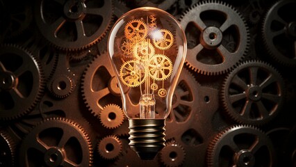 A glowing light bulb surrounded by gears and cogs, symbolizing innovation and creativity, warm light and intricate machinery evoke a sense of advance technological