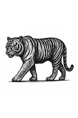 Detailed black and white ink sketch illustration of a majestic tiger walking confidently across a white background
