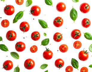 A vibrant pattern of whole and halved cherry tomatoes and fresh basil leaves against a black background