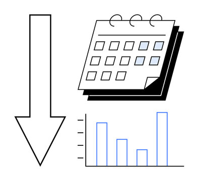 Downward arrow, spiral calendar, and bar graph signifying trend analysis, scheduling, and metrics. Ideal for time management, progress tracking, productivity, data analytics planning forecasting