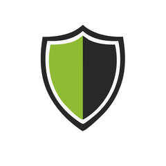 Modern two tone green and dark gray shield icon symbolizing security protection and safety solutions