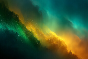Naklejka premium Abstract Universe of Emerald and Gold: An abstract digital artwork depicting a nebula of vibrant emerald green and radiant gold, creating an otherworldly visual experience. 