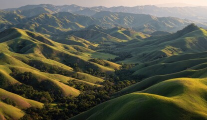 Rolling green hills and valleys bathed in soft, golden sunlight, extending to distant, hazy mountains under a clear sky