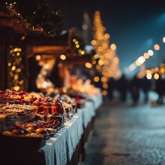 Christmas market, New Year lights, decorated shops, houses for trade, New Year in Europe, Xmas evening, close up, blurred