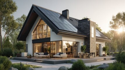 modern solar home sunset view