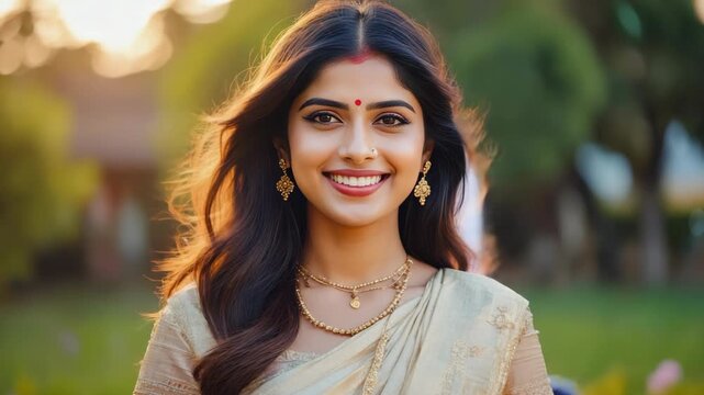 Beautiful young woman in a traditional Indian saree smiling at the camera. She is adorned with jewelry and wears a red bindi on her forehead.