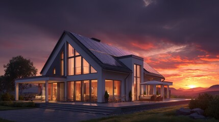 modern home sunset solar panels