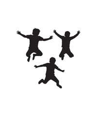 Silhouettes of three children joyfully jumping kids play happy fun energy active boy boys vector illustration graphic design element