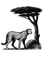 Vintage illustration of a spotted cheetah walking under a silhouetted acacia tree in the african savanna