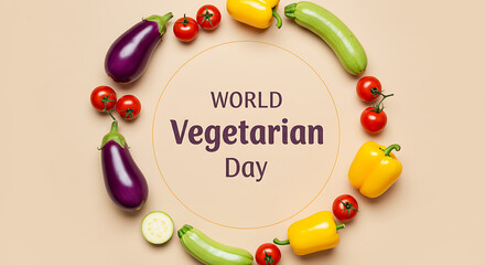A vibrant circular arrangement of fresh vegetables, celebrating World Vegetarian Day with a central text.