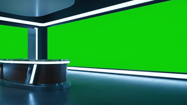 Modern news studio with large green screen backdrop and sleek desk for broadcasting