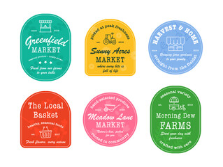 Vibrant logos from various farmer markets highlight local produce and seasonal offerings. Each design reflects the unique character and dedication to fresh food in the community.