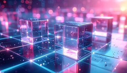 Abstract digital cubes, vibrant colors, glowing network