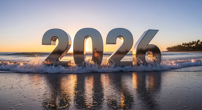 2026 New Year on Tropical Beach: Sunset and Waves