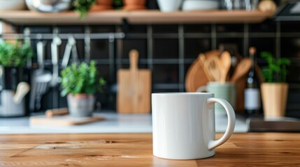 White mug on wooden kitchen counter