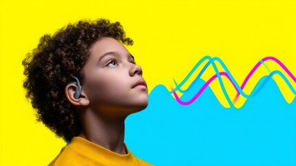 Child looking up with modern hearing aid for improved hearing. Vibrant sound waves symbolizing hearing restoration and sound clarity.