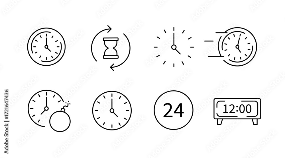 Poster time management clock outline icons set – linear, minimalist, scheduling symbols